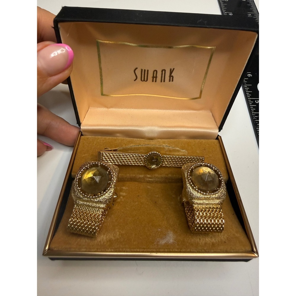 Swank Gold Tone Mesh Wrap Cufflinks and Tie Clip Set Amber Stone Boxed